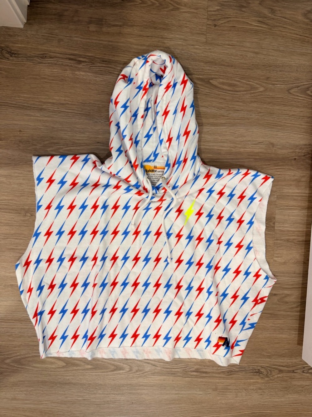 Aviator Nation White Sleeveless Hoodie with Red & Blue Lightning Print